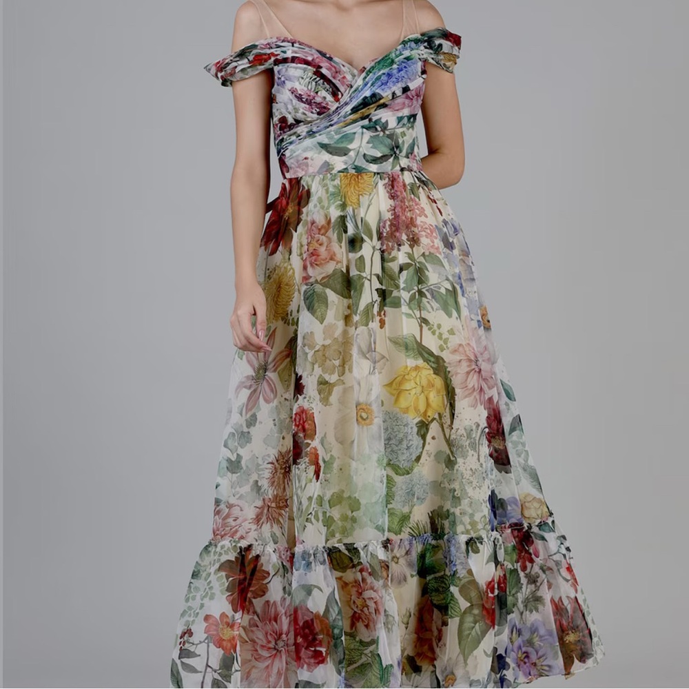 Anthropologie One-Shoulder Floral Maxi Dress in Cream with Multicolor Blooms
